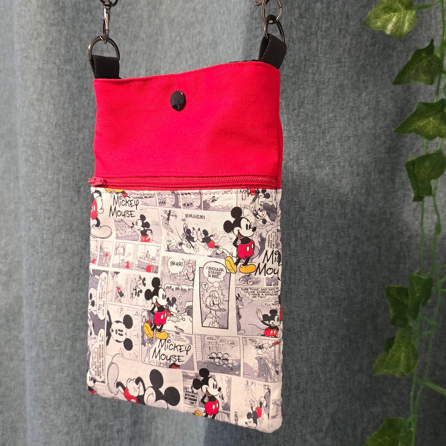 Handmade crossbody phone bag featuring red and comic print cotton fabric