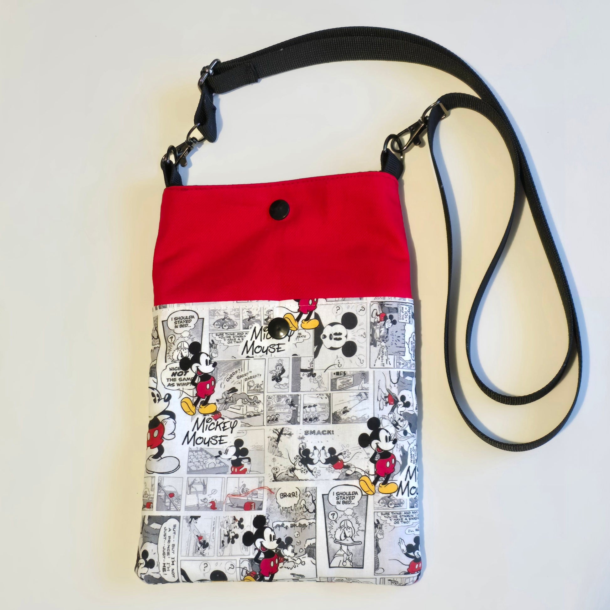 rear view of handmade shoulder bag with colour block design and adjustable crossbody strap