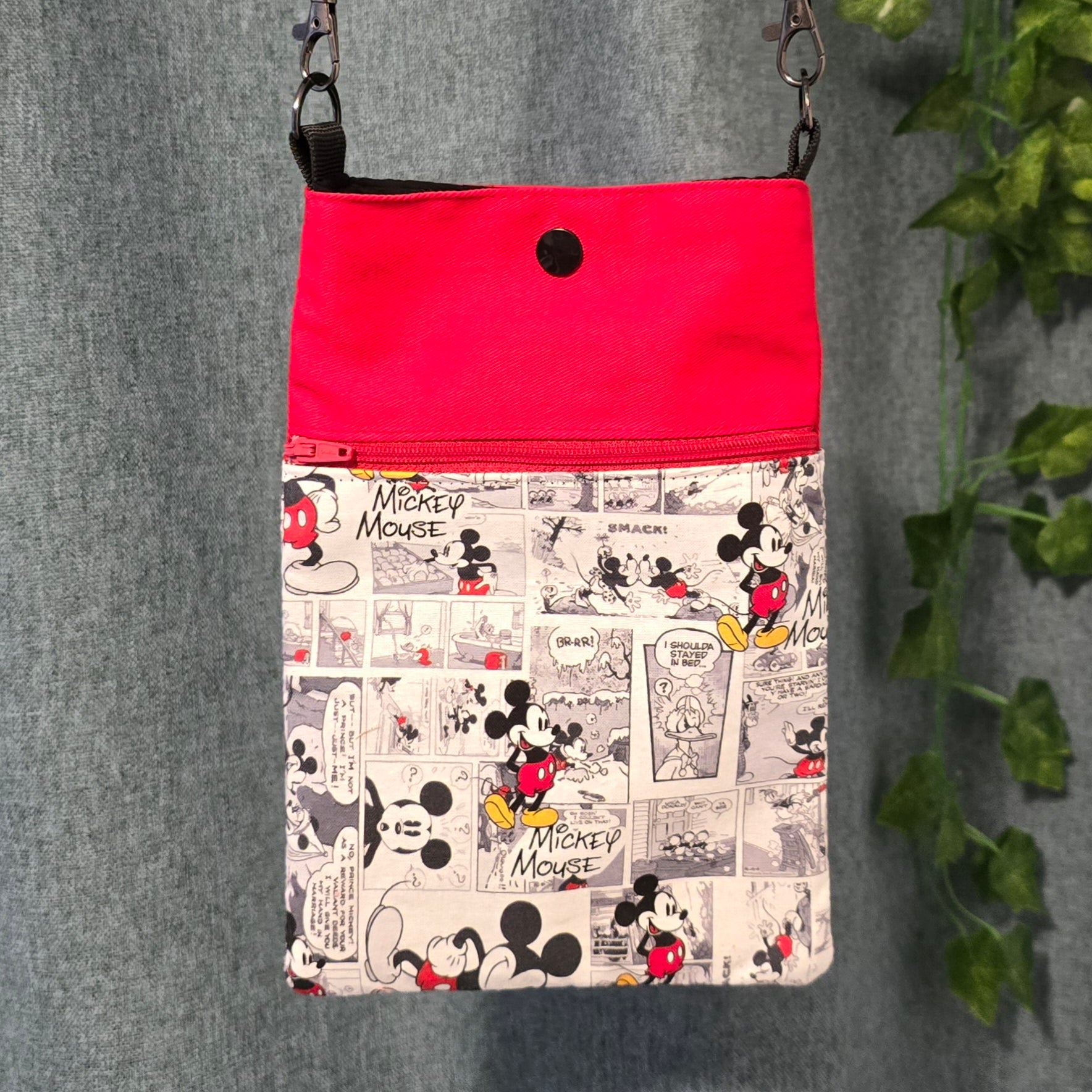 Handmade colour block crossbody phone bag with adjustable strap, comic print fabric and multiple compartments